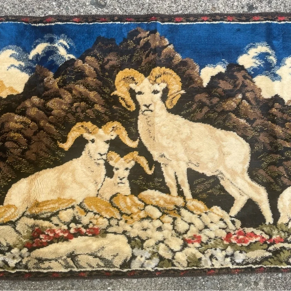 Vintage Made in Italy Velvet Mountain Goat Wall Tapestry Art Retro - Picture 2 of 4